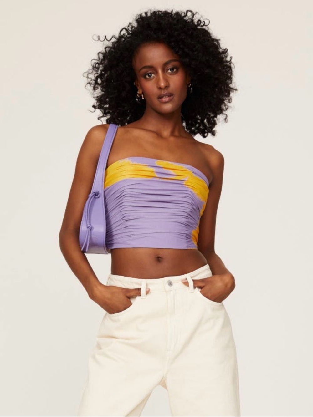 Slate & Willow Lilac and Yellow Strapless Ruched Crop Top